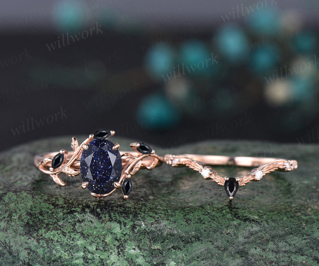 Vintage oval cut blue sandstone engagement ring solid 14k rose gold art deco leaf nature inspired black spinel bridal wedding ring set women