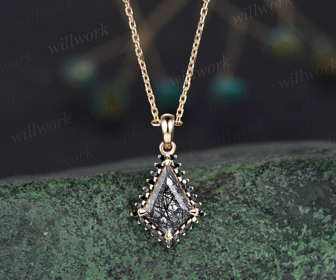 Unique kite cut black rutilated quartz necklace solid 14k rose gold halo black diamond pendant for women mother anniversary gift