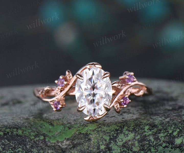 Vintage oval cut moissanite engagement ring nature inspired leaf amethyst ring rose gold wedding band enhancer twisted bridal ring set women