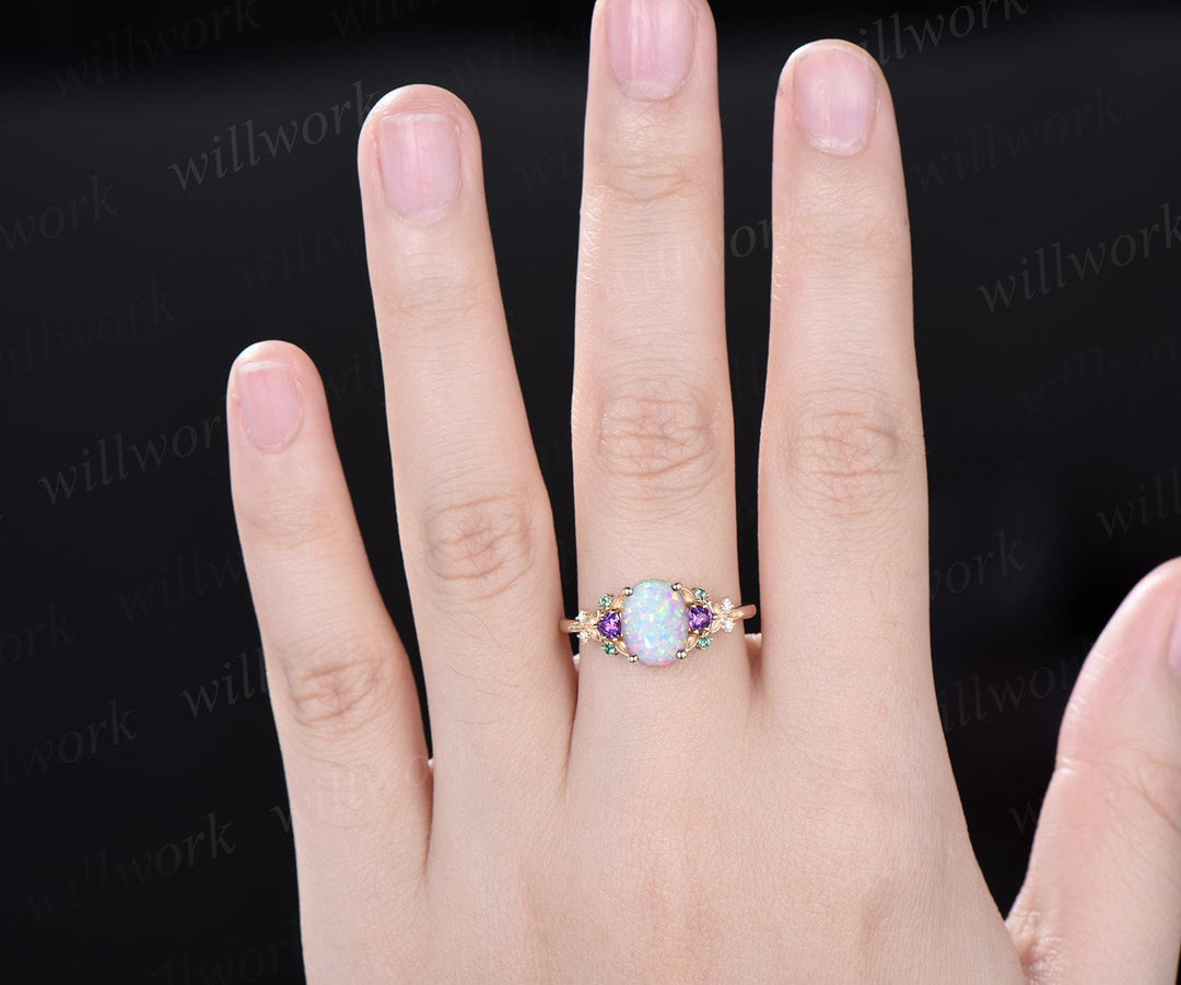 Oval white opal engagement ring solid 14k yellow gold vintage leaf cluster moissanite Trilliant amethyst anniversary ring women
