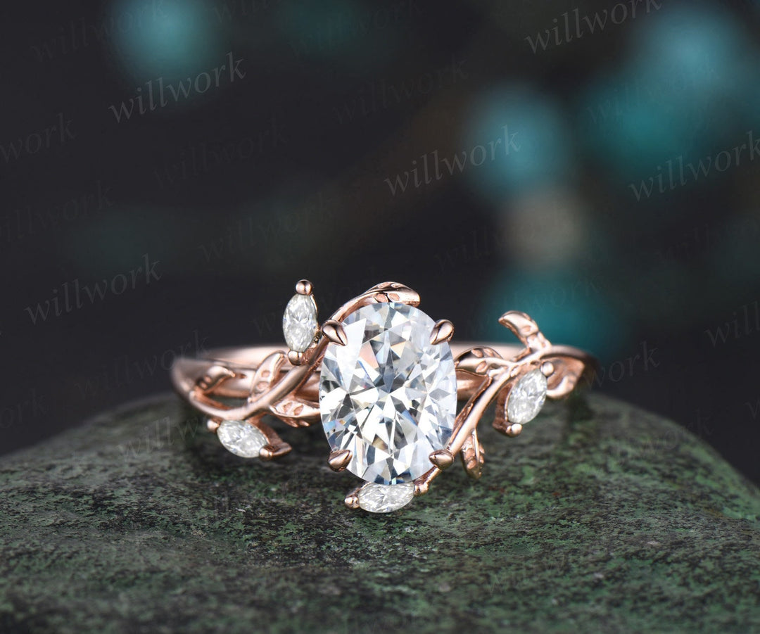 Vintage oval cut moissanite engagement ring 14k rose gold leaf nature inspired ring women unique cluster diamond bridal wedding ring set