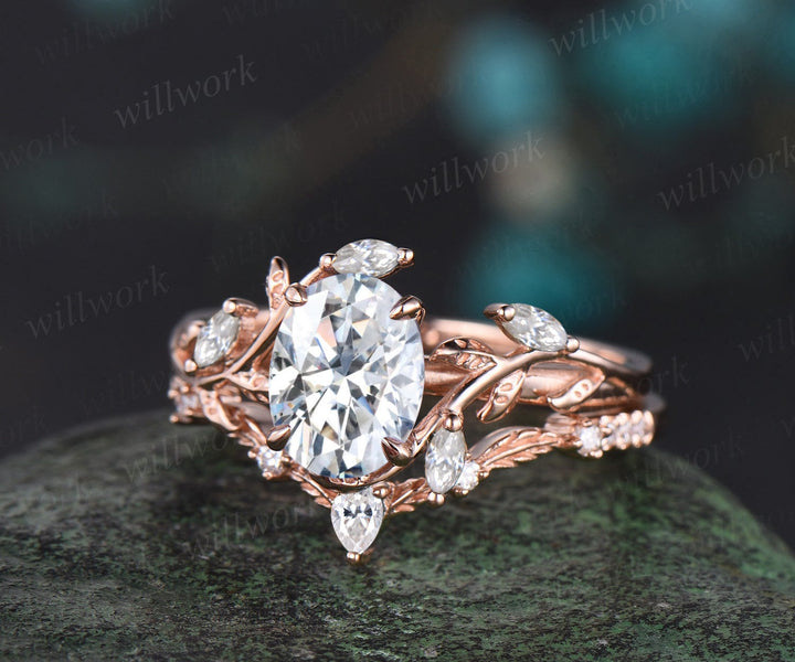 Vintage oval cut moissanite engagement ring 14k rose gold leaf nature inspired ring women unique cluster diamond bridal wedding ring set