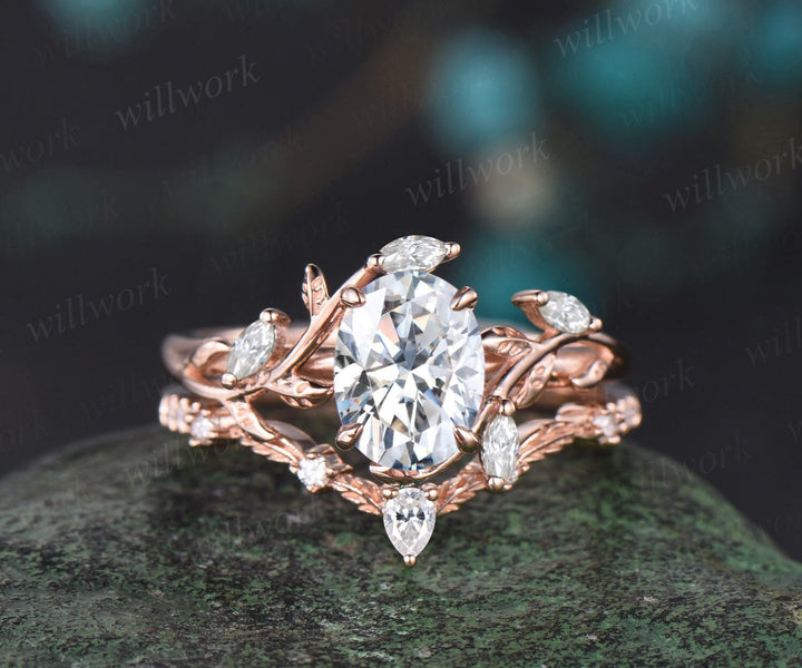 Vintage oval cut moissanite engagement ring 14k rose gold leaf nature inspired ring women unique cluster diamond bridal wedding ring set
