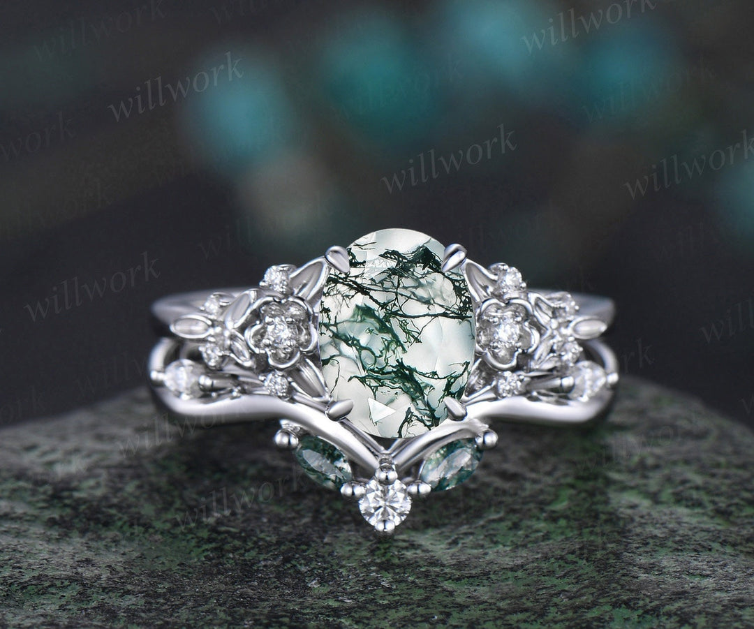 Vintage oval cut green moss agate engagement ring leaf floral solid 14k white gold diamond ring art deco wedding promise ring set women