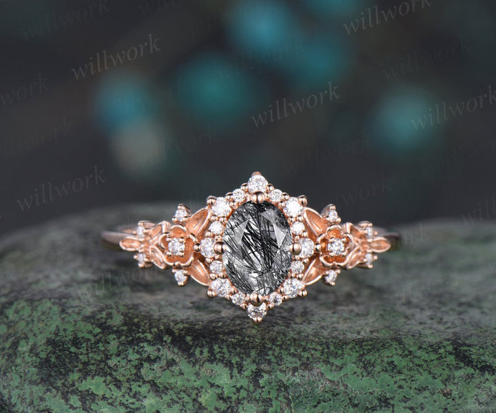 Oval cut black rutilated quartz engagement ring rose gold snowdrift halo floral leaf diamond ring vintage wedding promise ring women gift