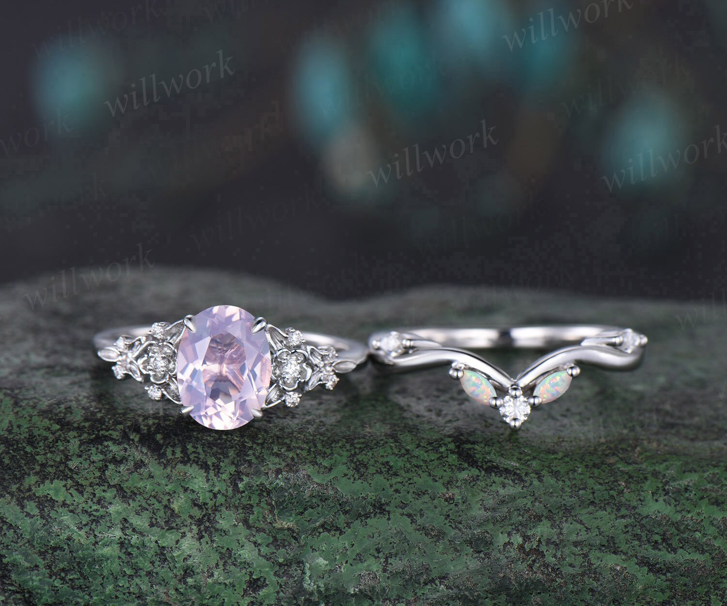 Amethyst ring vintage Oval shaped engagement ring set 14k rose gold V shaped selling Ring art deco diamond promise wedding ring set women