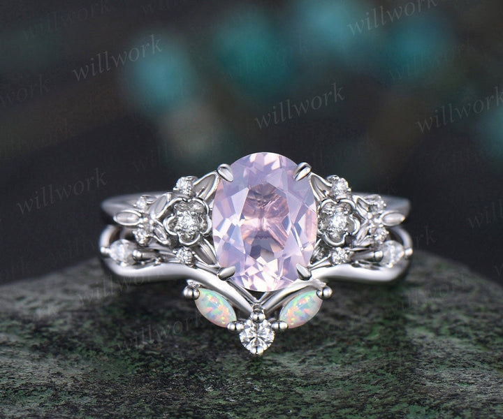 Vintage oval cut Lavender Amethyst engagement ring leaf floral 14k white gold diamond opal ring art deco wedding promise ring set women gift