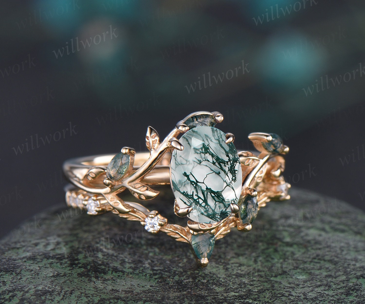 14K Rose Gold Moss Agate Ring, Moissanite hot Solitaire Ring, East to West Hexagon Ring, Green Diamond Classic Ring, Engagement Anniversary Ring