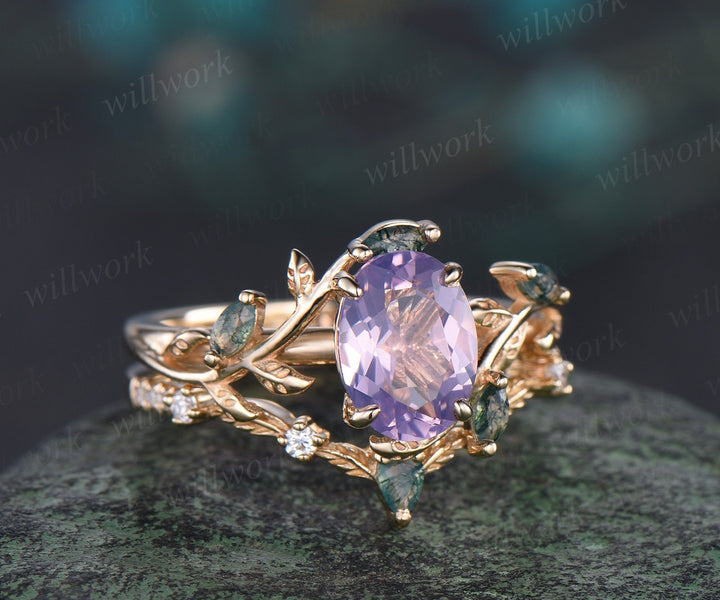 Vintage oval Lavender Amethyst engagement ring yellow gold art deco cluster leaf nature inspired moss agate bridal wedding ring set women