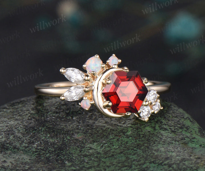Hexagon cut red garnet engagement ring solid 14k yellow gold moon opal ring vintage cluster diamond promise wedding anniversary ring women