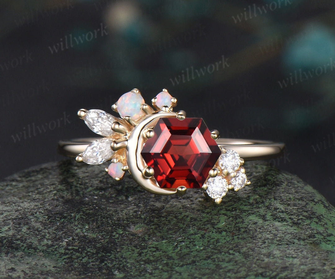 Hexagon cut red garnet engagement ring solid 14k yellow gold moon opal ring vintage cluster diamond promise wedding anniversary ring women