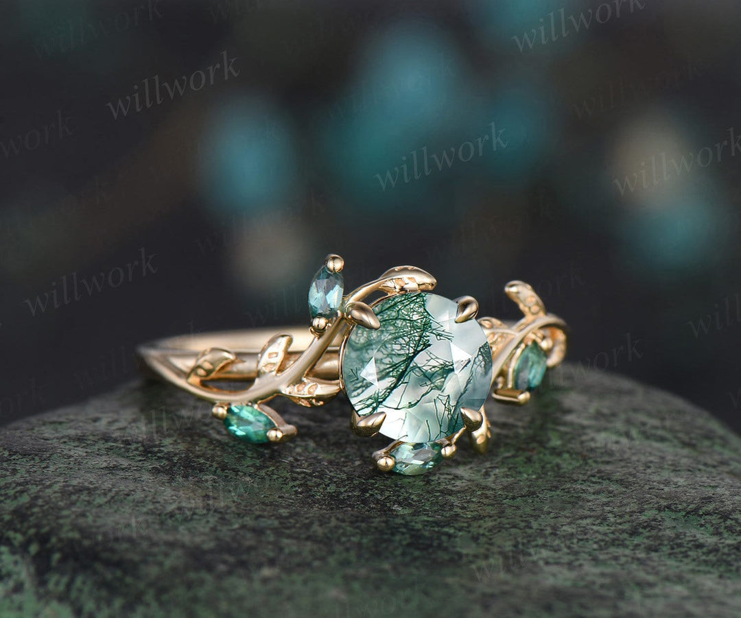 Vintage round cut green moss agate engagement ring yellow gold emerald art deco leaf nature inspired bridal promise wedding ring set women