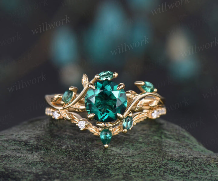 Vintage round cut green emerald engagement ring yellow gold cluster leaf nature inspired moissanite bridal promise wedding ring set women