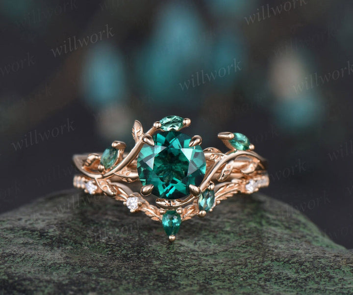 READY TO SHIP: 2PC Round Green Emerald Engagement Ring Set - Silver Rose Plated - Ring Size:5 US