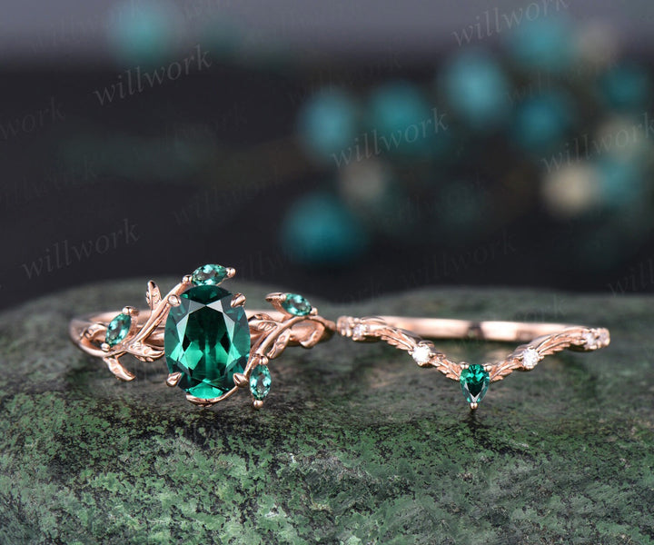 Vintage oval cut green emerald engagement ring rose gold cluster leaf nature inspired moissanite bridal promise wedding ring set women
