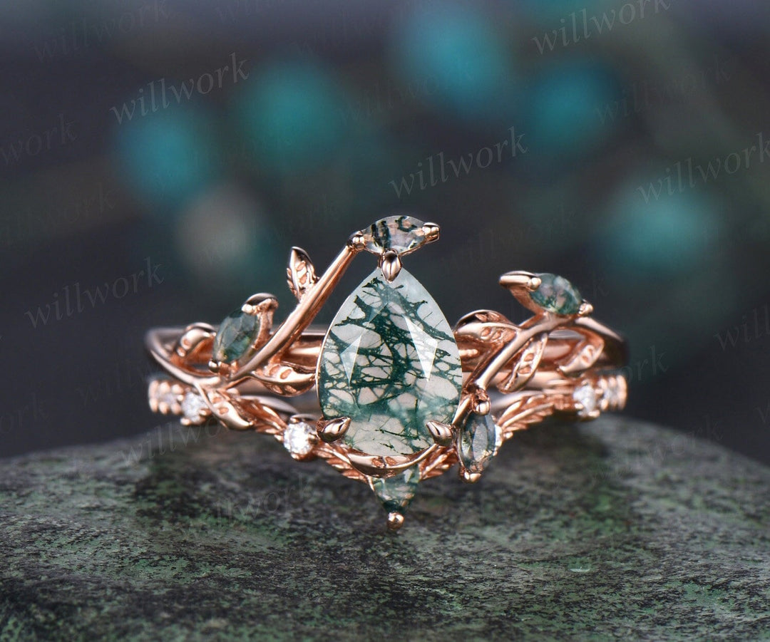 Vintage pear cut green moss agate engagement ring rose gold art deco cluster leaf nature inspired bridal promise wedding ring set women