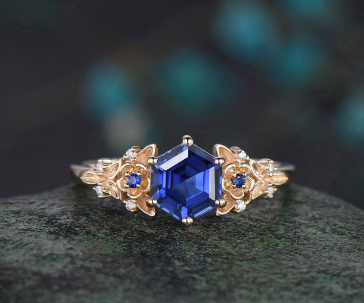 Vintage hexagon cut blue sapphire engagement ring yellow gold twig leaf floral antique unique cluster diamond wedding ring set women gift