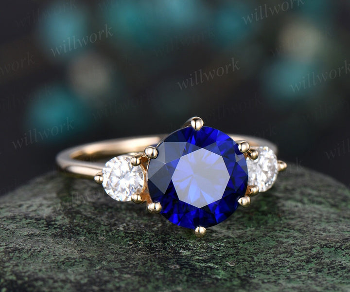 Round cut blue sapphire engagement ring solid 14k yellow gold three stone moissanite ring women bridal promise wedding ring gift
