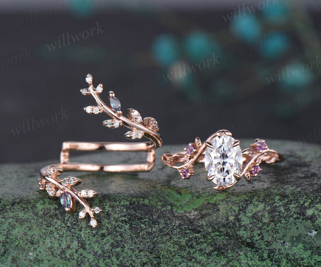 Vintage oval cut moissanite engagement ring nature inspired leaf amethyst ring rose gold wedding band enhancer twisted bridal ring set women