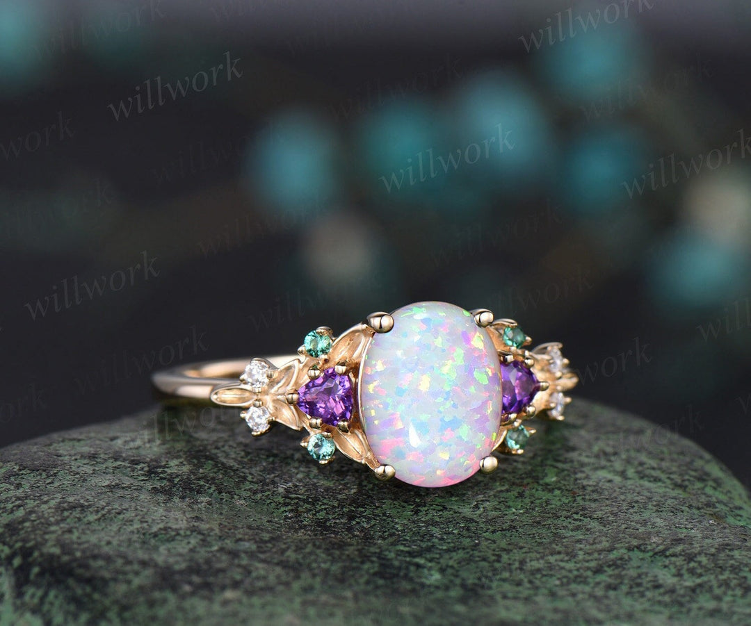 Oval white opal engagement ring solid 14k yellow gold vintage leaf cluster moissanite Trilliant amethyst anniversary ring women
