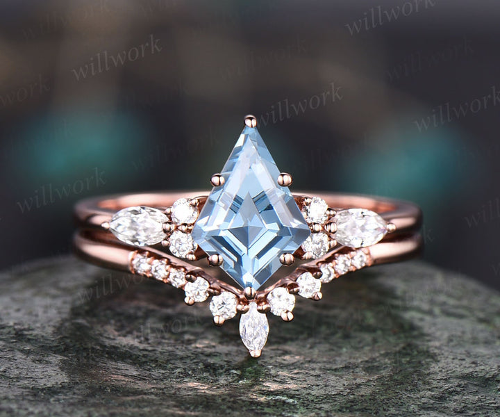 Kite cut natural aquamarine engagement ring set 14k white gold marquise cut diamond ring women unique bridal wedding ring set jewelry