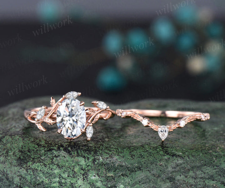 Vintage oval cut moissanite engagement ring 14k rose gold leaf nature inspired ring women unique cluster diamond bridal wedding ring set