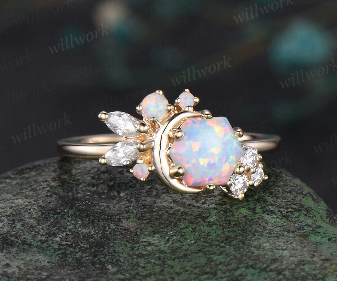 Hexagon white opal engagement ring solid 14k yellow gold cluster moon ring vintage cluster diamond promise wedding anniversary ring women