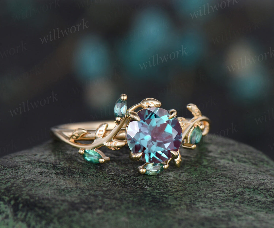 Vintage round cut Alexandrite engagement ring 14k yellow gold cluster leaf nature inspired emerald bridal promise wedding ring set women