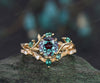 Vintage round cut Alexandrite engagement ring 14k yellow gold cluster leaf nature inspired emerald bridal promise wedding ring set women