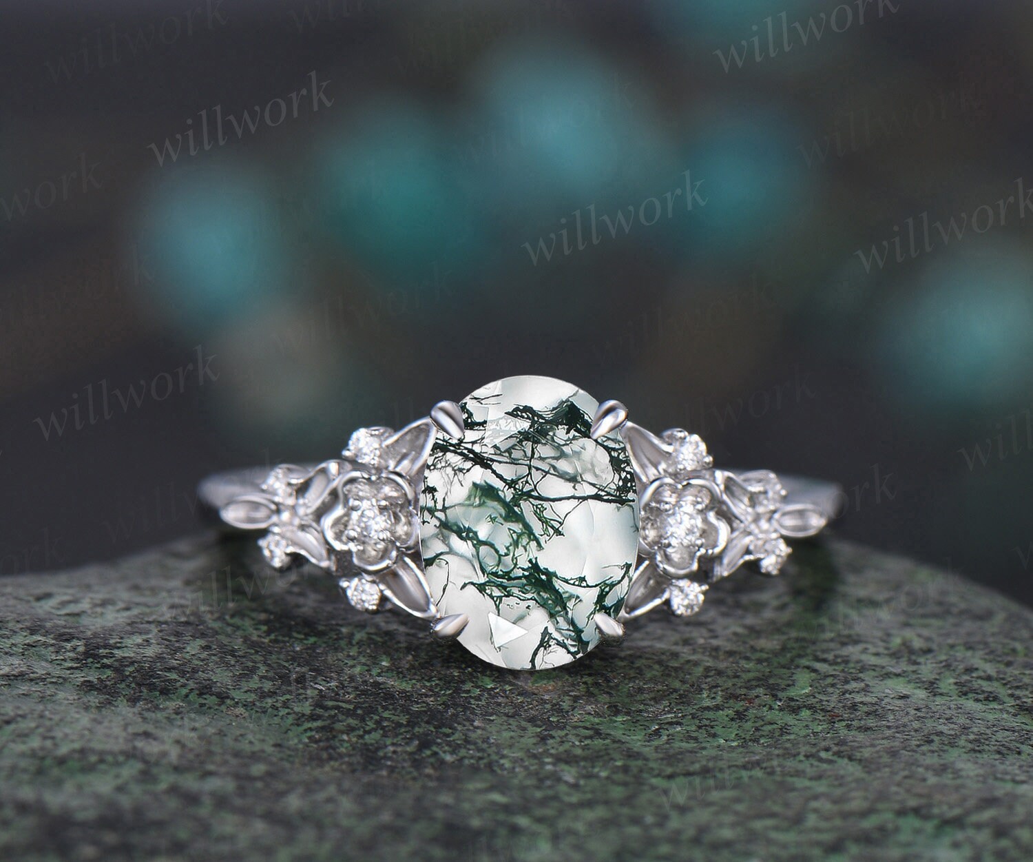 Rose Gold Moss Agate Ring 2024 Sterling Silver Wedding Ring Women Unique Moissanite Flower Band Prongs Set Aquatic Green Agate Promise Ring