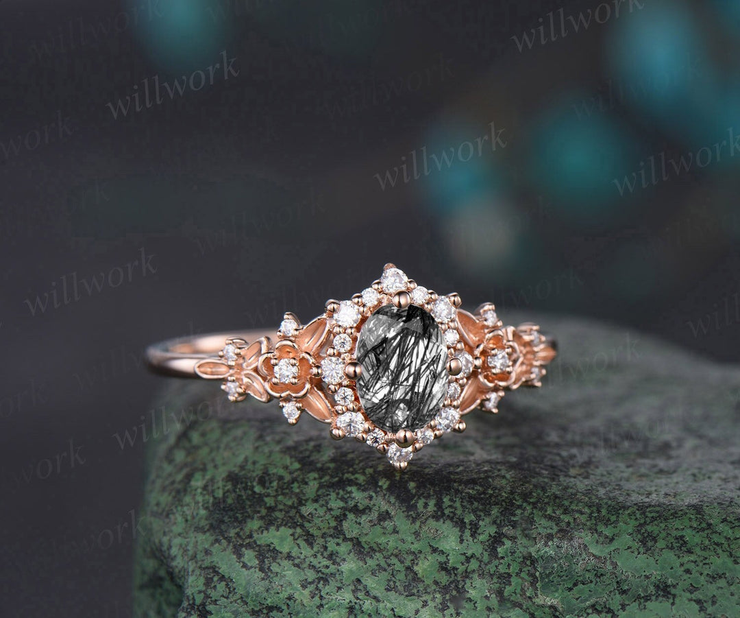 Oval cut black rutilated quartz engagement ring rose gold snowdrift halo floral leaf diamond ring vintage wedding promise ring women gift
