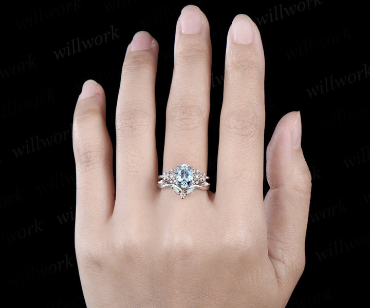 Vintage oval cut aquamarine engagement ring leaf floral 14k white gold diamond opal ring art deco wedding promise ring set women jewelry
