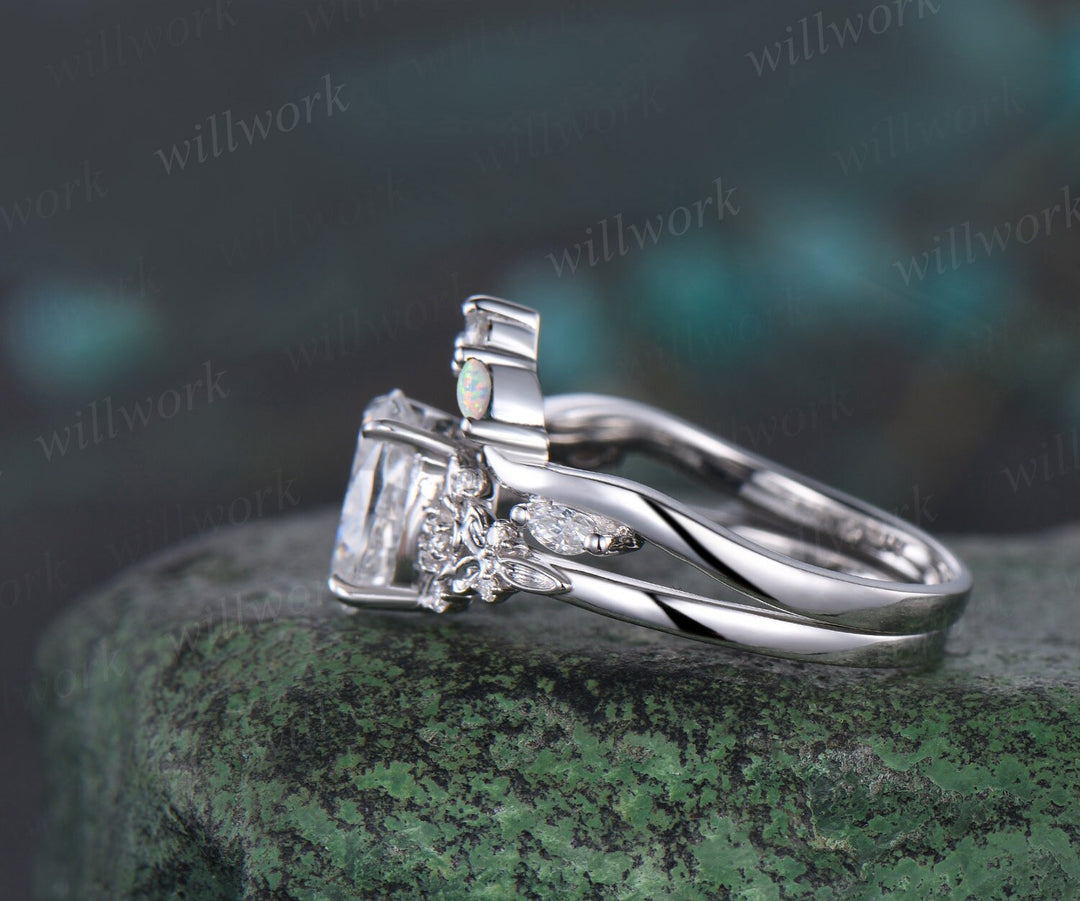 Vintage oval cut Lavender Amethyst engagement ring leaf floral 14k white gold diamond opal ring art deco wedding promise ring set women gift