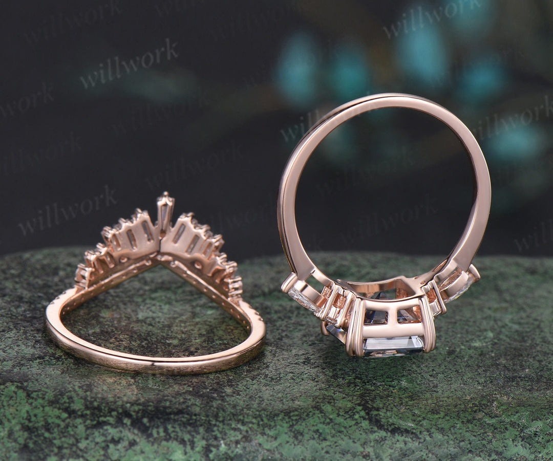 Asscher cut gray moissanite engagement ring 14k rose gold 8 prong stacking Baguette cut moissanite promise wedding ring set women