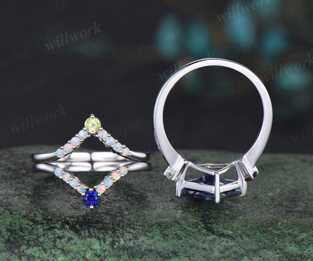 Princess cut Alexandrite engagement ring white gold opal moonstone sapphire garnet peridot bridal wedding ring set women gift jewelry
