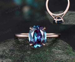 2ct oval cut Alexandrite engagement ring solid 14k rose gold under halo diamond ring vintage unique bridal promise wedding ring women