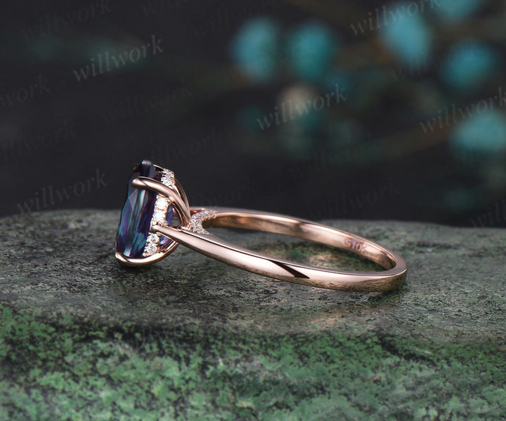 2ct oval cut Alexandrite engagement ring solid 14k rose gold under halo diamond ring vintage unique bridal promise wedding ring women
