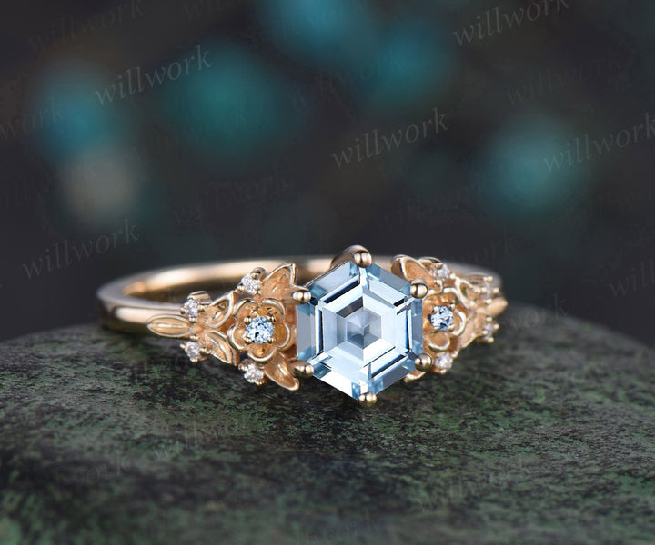 Vintage hexagon cut natural aquamarine engagement ring yellow gold twig leaf floral art deco unique cluster diamond wedding ring women gift