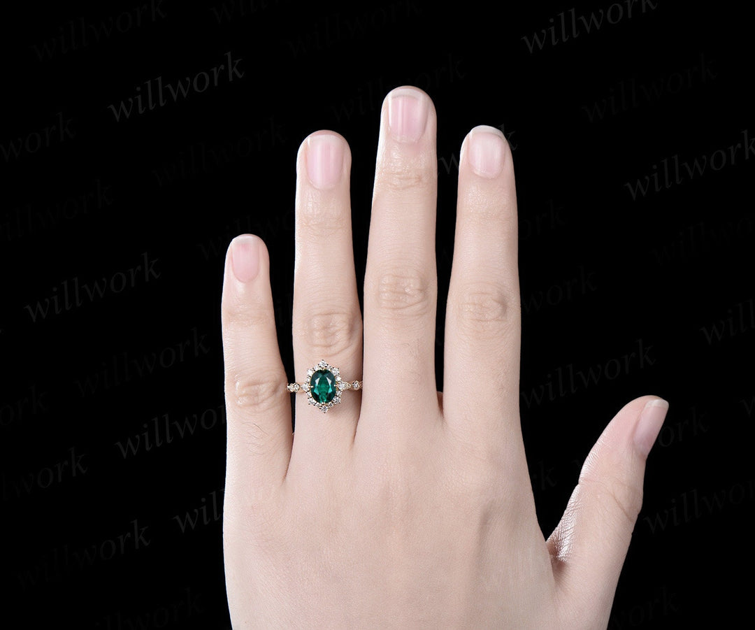 Oval cut emerald engagement ring 14k yellow gold Milgrain half eternity snowdrift halo diamond wedding promise ring women jewelry