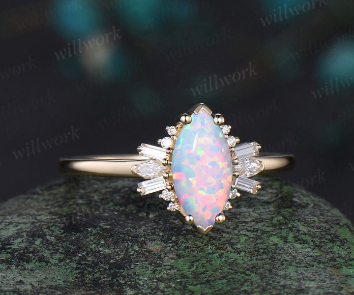 Marquise white opal engagement ring solid 14k yellow gold cluster Baguette cut moissanite wedding anniversary ring women gift