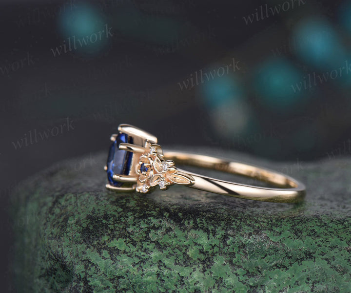 Vintage hexagon cut blue sapphire engagement ring yellow gold twig leaf floral antique unique cluster diamond wedding ring women gift