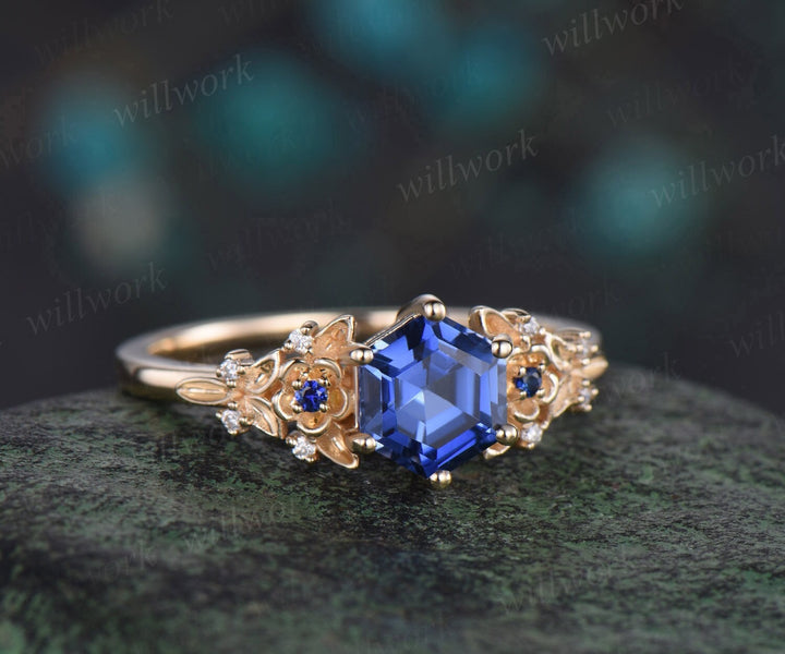 Vintage hexagon cut blue sapphire engagement ring yellow gold twig leaf floral antique unique cluster diamond wedding ring set women gift