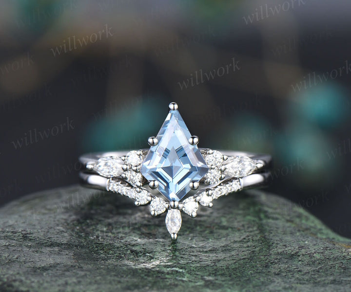 Kite cut natural aquamarine engagement ring set 14k white gold marquise cut diamond ring women unique bridal wedding ring set jewelry