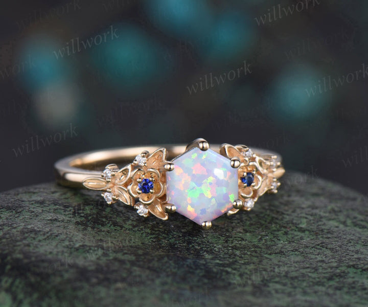 Vintage hexagon white opal engagement ring yellow gold twig leaf floral antique unique cluster diamond bridal wedding ring women gift