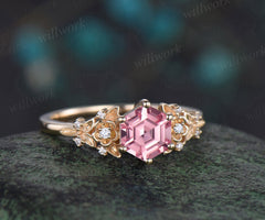 Hexagon cut Padparadscha sapphire engagement ring 14K yellow gold leaf floral antique unique cluster diamond bridal wedding ring women gift