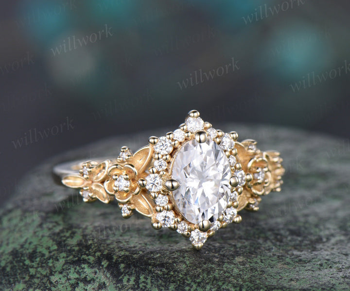 Vintage oval cut Lab grown diamond engagement ring solid 14k yellow gold snowdrift halo diamond unique promise wedding ring women jewelry