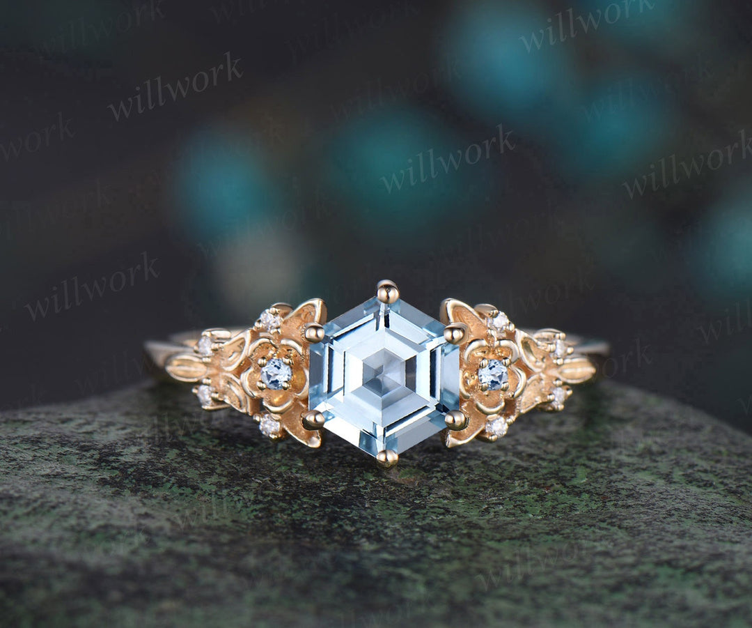 Vintage hexagon cut natural aquamarine engagement ring yellow gold twig leaf floral art deco unique cluster diamond wedding ring women gift