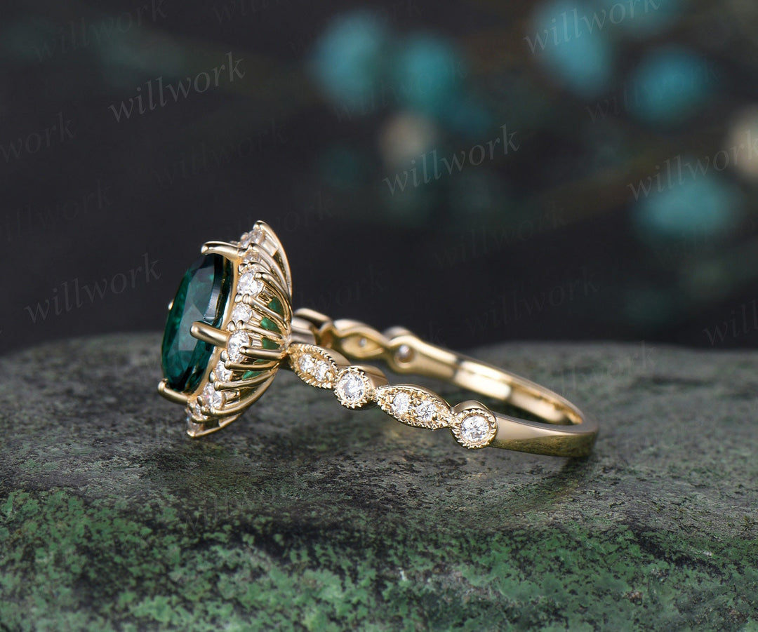 Oval cut emerald engagement ring 14k yellow gold Milgrain half eternity snowdrift halo diamond wedding promise ring women jewelry