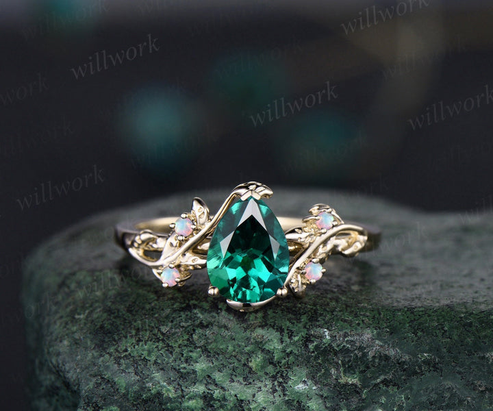 Pear shaped green emerald engagement ring solid 14k yellow gold leaf branch five stone opal ring women unique wedding anniversary ring gift