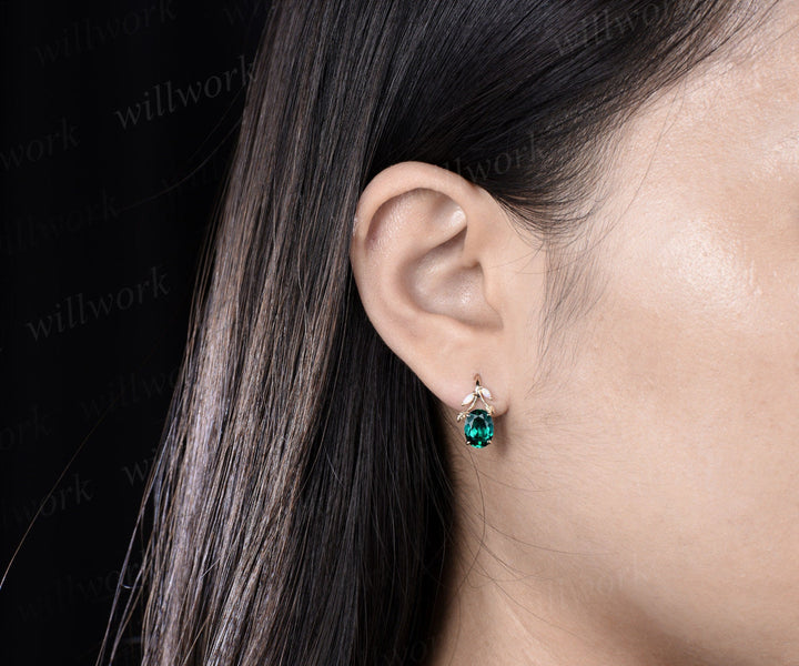 Oval cut green emerald earrings solid 14k yellow gold vintage leaf marquise opal drop earrings women anniversary gift jewelry